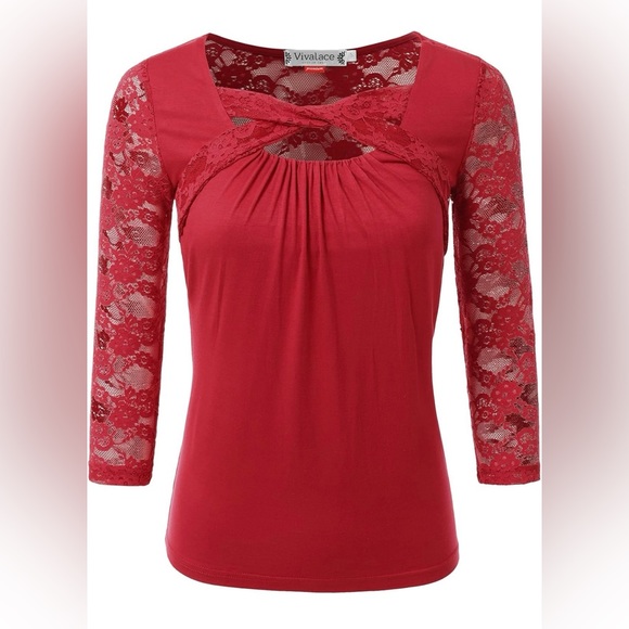 Vivalace Red Lace 3/4 Length Sleeve Ruched Shirt / Top - S - Picture 1 of 6